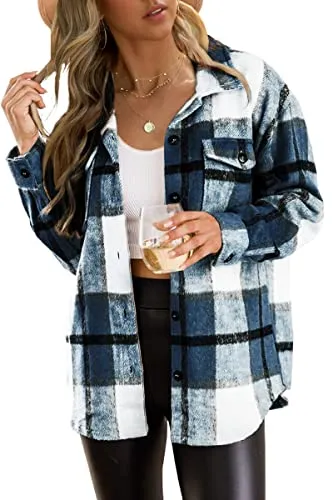 Trendy Queen Womens Casual Plaid Shacket Wool Blend Button Down Long Sleeve Shirt Fall Jacket Shackets