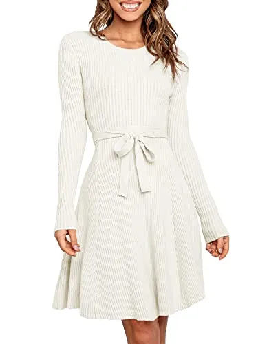 ANRABESS Sweater Dress for Women 2023 Fall Trendy Long Sleeve Crew Neck A Line Midi Tie Waist Ribed Knit Elegant Swing Bodycon Skater Mini Dress for Wedding Guest 669mibai-S White