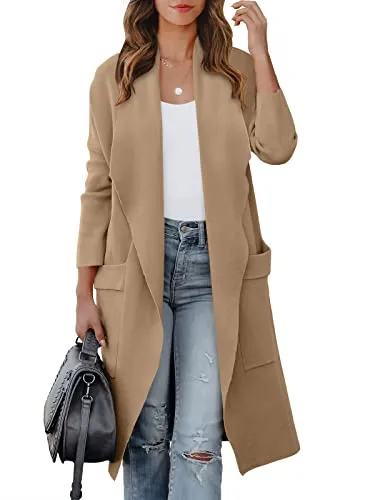 LOGENE Women's Casual Long Sleeve Draped Open Front Jackets Knitted Cardigan Sweater Trench Coat Dressy Long Blazer 2023-5L80-shenxing-L Deep Apricot