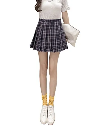 Hoerev Black Stripes Plaid Pleated Skater Tennis School Uniform Skirt with Lining Shorts for Women Girls,US 4