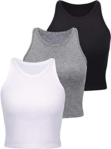 3 Pieces Women's Cotton Basic Sleeveless Racerback Crop Tank Top Sports Crop Top for Lady Girls Daily Wearing (,)