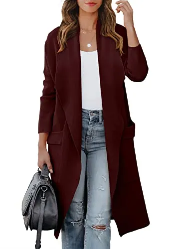 ANRABESS Women's Cardigans 2023 Fall Casual Sweater Coat Long Sleeve Open Front Knit Pockets Long Cardigan Jackets Comfy Trendy Outfits Fashion Clothes 580jiuhong-S Wine Red