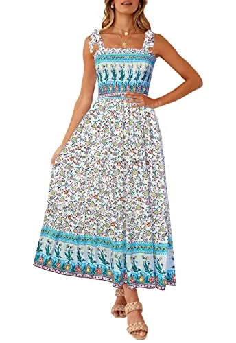 ZESICA Women's Boho Summer Floral Print Tie Straps Sleeveless Square Neck Smocked Flowy Ruffle A Line Maxi Dress,LightGreen,Medium