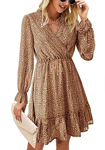 KIRUNDO Women's 2023 Fall Dresses Casual Long Sleeve Floral Print V Neck Ruffle High Waist Flowy Mini Dress with Belt(Coffee, Large)