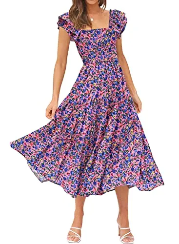 DOROSE Women's 2023 Summer Boho Floral Dress Flutter Sleeve Square Neck Ruffle Swing Beach Long Maxi Dress Purple L