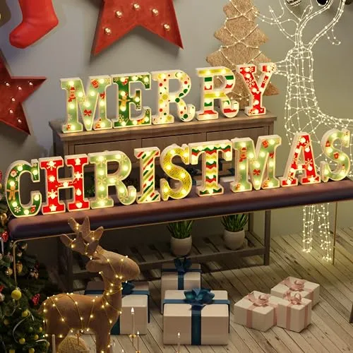 Christmas Decorations - 14 LED Letters Christmas Lights 'MERRY CHRISTMAS' for Christmas Decorations Indoor Replica Luxury Handbag Decor, Surface UV Printing Snowflakes, Christmas Trees, Elk, etc, Warm White