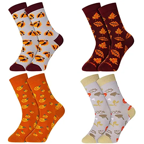 Geyoga 4 Pairs Thanksgiving Socks Autumn Fall Socks Turkey Socks Maple Leaf Socks Pumpkin Mushroom Socks Novelty Crew Socks for Women Men