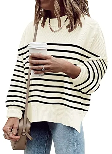ETCYY Striped Sweaters for Women Fall 2023 Long Sleeve Crew Neck Lightweight Side Slit Knit Oversized Pullover Sweater Tops