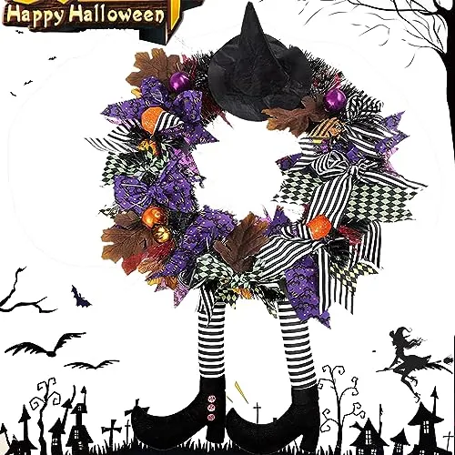 Halloween Wreath - 28 X 12'' Witch Wreaths for Front Door with Witch Hat Legs Pumpkin Harvest Silk Halloween Hanging Decor Wreath Sign Halloween Decorations for Door, Porch, Window,Indoor and Outdoor