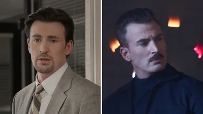 Chris Evan in Pain Hustlers (left) and The Gray Man (right)