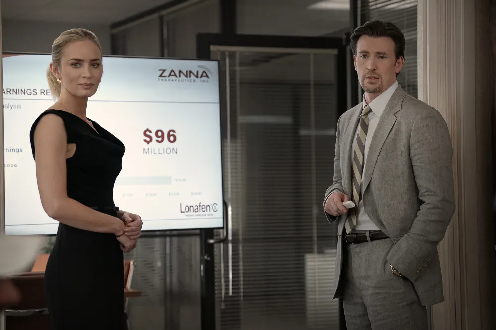 Emily Blunt and Chris Evans in Pain Hustlers