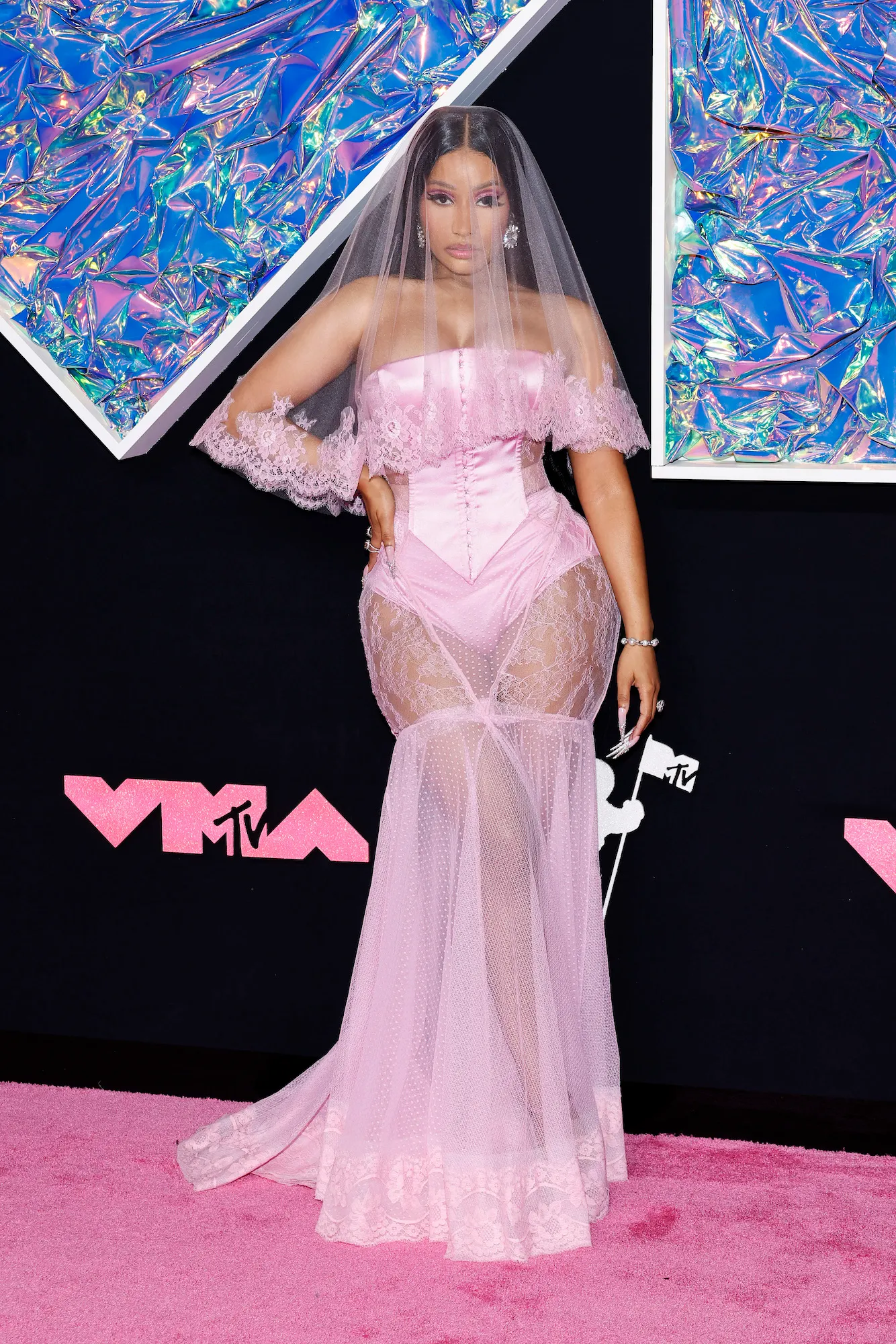 -FEATURE- Nicki Minaj Is a Barbie Bride in Lacey Gown at the 2023 MTV Video Music Awards