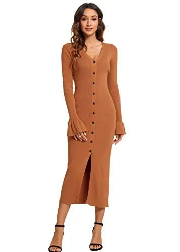 CMZ2005 Women's Long Sleeve Cardigan Maxi Dress Fall Knit Bodycon Dress Button Down Sweater Dress 6088(Medium,Deep Camel)