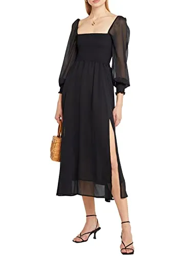 ZAFUL Women Midi Dress with Slit Square Neck Puff Sleeve A Line Smocked High Waist Casual Off Shoulder Dresses Black