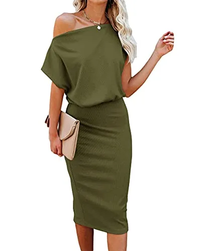 Ezbelle Women's Off Shoulder Short Sleeve Ribbed Bodycon Casual Summer Party Pencil Dress Army Green Medium