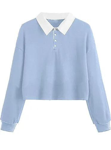 Remidoo Women's Collared Half Button Long Sleeve Polo Crop Top Sweatshirt Light Blue Medium