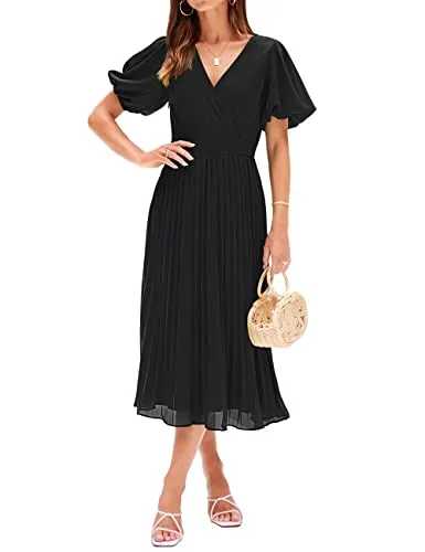 MEROKEETY Womens 2023 Summer Puff Sleeve Wrap V Neck Pleated Flowy Midi Dress for Wedding Guest,Black,L