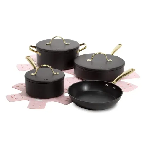 Paris Hilton Iconic Nonstick Pots and Pans Set, Multi-layer Nonstick Coating, Matching Lids With Gold Handles, Made without PFOA, Dishwasher Safe Cookware Set, 10-Piece, Black