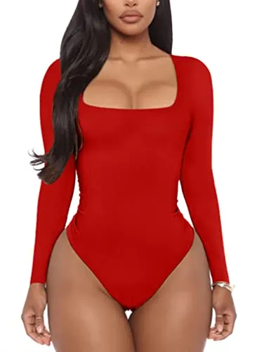 YMDUCH Women's Sexy Long Sleeve Square Neck Leotard Bodysuit Tops Jumpsuits Red