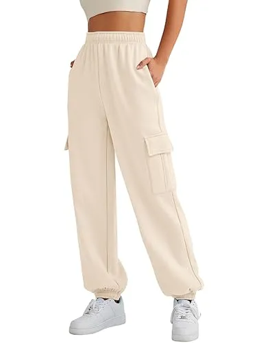 AUTOMET Womens Cargo Sweatpants Fleece High Waisted Joggers Pants Athletic Lounge Trousers with Pockets 2023 Apricot