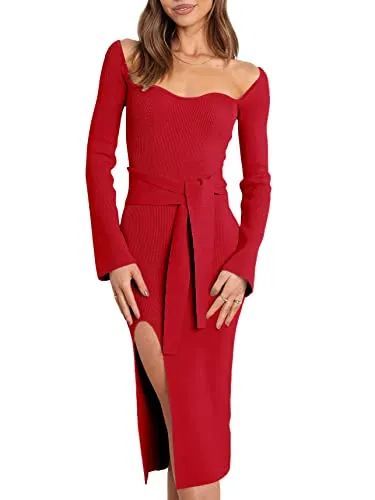 ANRABESS Sweater Dress for Women 2023 Fall Long Sleeve Elegant Sweatheart Neckline Tight Slimming Soild Color Holiday Bodycon Rib Knit Midi Dress with Slit and Belt 612Zhongguohong-L Red