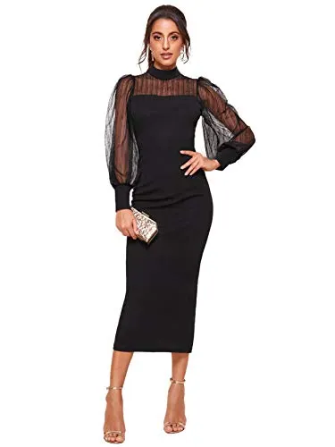 Romwe Women's Mock Neck Lantern Long Mesh Sleeve Split Hem Party Pencil Dress Black#7 Medium