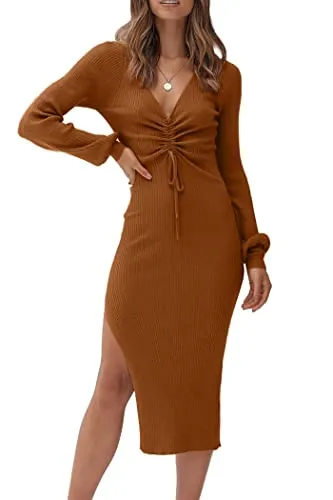 PRETTYGARDEN Women's Midi Sweater Dress Long Lantern Sleeve Ruched V Neck Drawstring Side Slit Knit Bodycon Dresses (Caramel,Small)