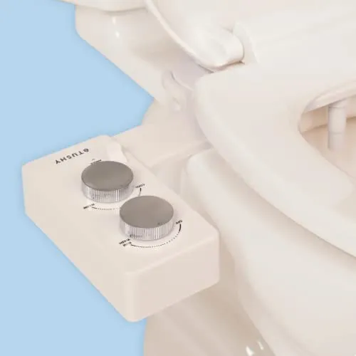 Tushy 3.0 Warm Water Spa Bidet Attachment | Self Cleaning Fresh Water Sprayer +Adjustable Pressure Nozzle, Angle Control, (Adjustable Cool to Warm Water Temperature Option), (Biscuit/Platinum)