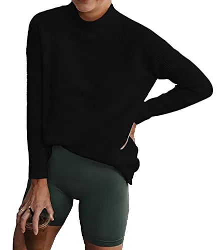 BTFBM Women's Fashion Sweater Casual Long Sleeve Ribbed Knit Fall Winter Clothes Mock Neck Pullover Sweaters Blouse Top(Solid Black, Small)