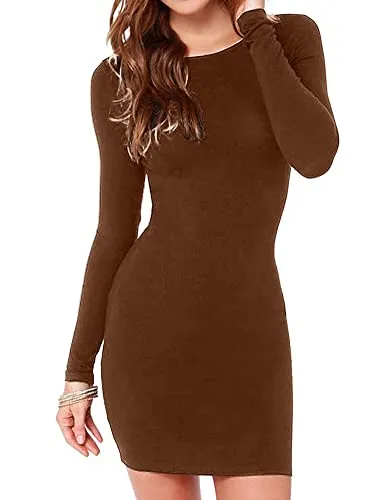 Haola Women's Sexy Casual Long Sleeve Short Dress Mini Dress M DarkCoffee