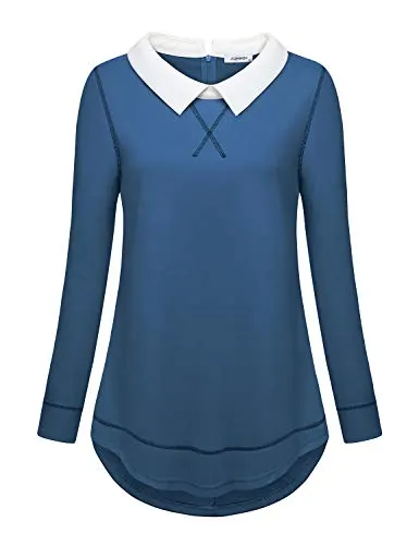 Tunic Shirts for Women, Womens Cute White Lapel Collar Long Sleeve Formal Blouse Professional Vintage Cozy Stretchable Trapeze Flared Hem Slim Fit Tops Pullover Sweatshirts Teal M