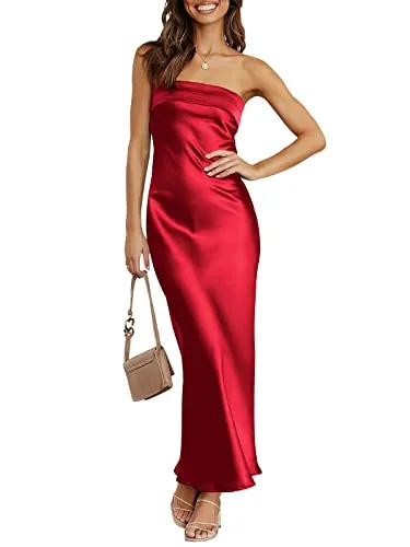 ANRABESS Women's Summer 2023 Satin Cocktail Party Maxi Dress Sexy Strapless Bodycon Corset Elegant Evening Gown Wedding Guest Fall Trending Club Maxi Dresses 941dahong-L Red