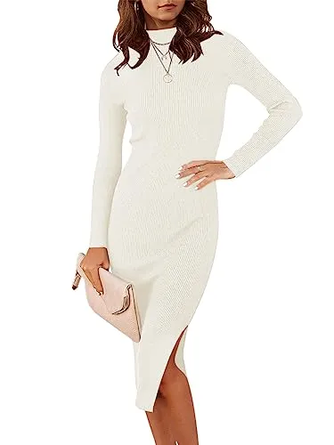 ANRABESS Women 2023 Fall Sweater Dress Turtleneck Long Sleeve Sexy Slim Fit Slit Boydcon Midi Dresses for Elegant Wedding Guest 308bai-M White