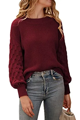 PRETTYGARDEN Women's 2023 Winter Pullover Sweater Casual Long Sleeve Crewneck Loose Chunky Knit Jumper Tops Blouse (Red,Medium)
