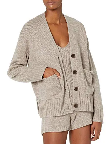 The Drop Women's Brigitte Chunky Button Front Pocket Ribbed Cardigan, Heather Mushroom, XS