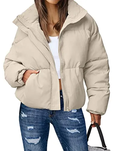MEROKEETY Women's Long Sleeve Full Zip Puffer Coats Stand Collar Pockets Warm Padded Down Jackets, LightKhaki, S