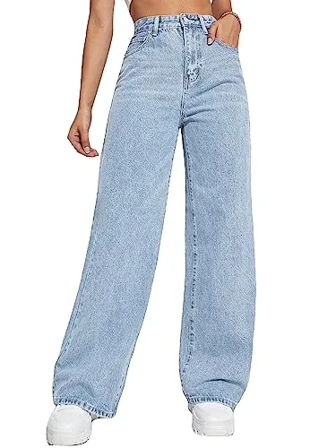 MakeMeChic Women's Casual High Waisted Wide Leg Jeans Denim Pants Light Wash S
