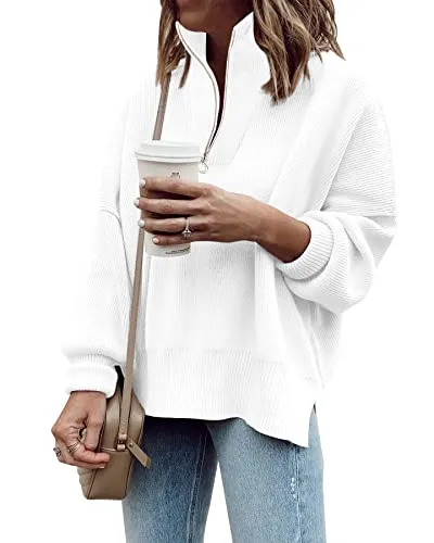 Imily Bela Womens Tunic Sweater Fall Long Sleeve 1/4 Zip Pullover Sweaters Oversized Slouchy Ribbed Knit Sweatshirt with Slit White