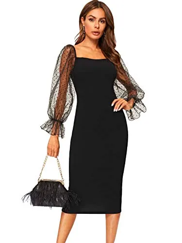 WDIRARA Women's Polka Dots Mesh Square Neck Flounce Long Sleeve Dress Carbon Black M