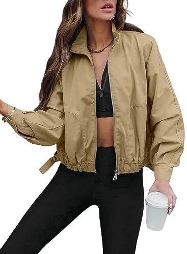SHEWIN Women's Long Sleeve Zip Up Bomber Jacket Cropped Lightweight Windbreaker Outerwear with Pockets Brown S