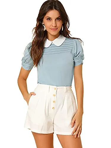 Allegra K Women's Vintage Peter Pan Collar Contrast Puff Halloween Short Sleeve Blouse Top Large Blue
