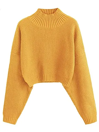 ZAFUL Women's Cropped Turtleneck Sweater Lantern Sleeve Ribbed Knit Pullover Sweater Jumper (1-Yellow, M)