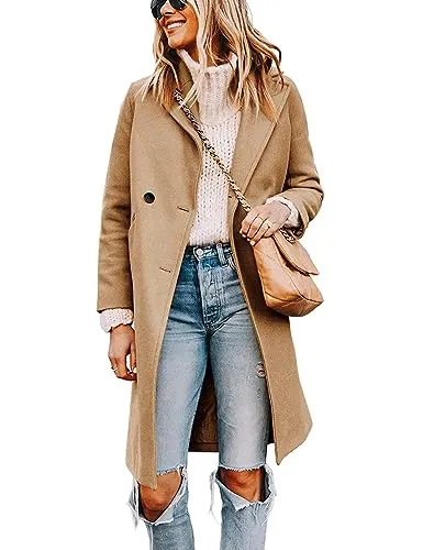 Tanming Women's Notch Lapel Double Breasted Wool Blend Mid Long Pea Trench Coat (Khaki-L)