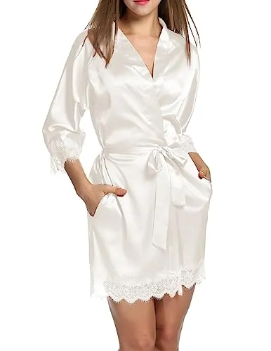 HOTOUCH White Silk Lace Trim Robe Short Knee Length Bathrobe Soft Satin Wedding Robes Comfy Attached Belt Sleepwear White L