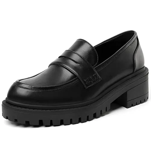 Mostrin Black Leather Loafers for Women Lug Sole Chunky Platform Mid Chunky Heel Loafer Comfort Slip On Penny Shoes for Casual Work Dressy Size 8