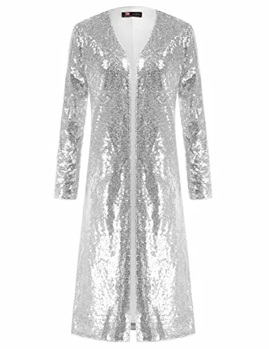 Women's Sparkling Sequin Cover Up Loose Open Front Long Sleeve Cardigan Coat Dress for Evening Party(Sliver,XL)