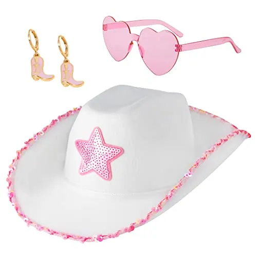 D-Fokes White Cowgirl Hat with Pink Heart Glasses and Earrings - Cowboy Hat with Sequin Stars, Princess Hat Halloween Cosplay Props, Vintage Cowgirl Costume Accessory Party Hat, Fits Most Girls Women