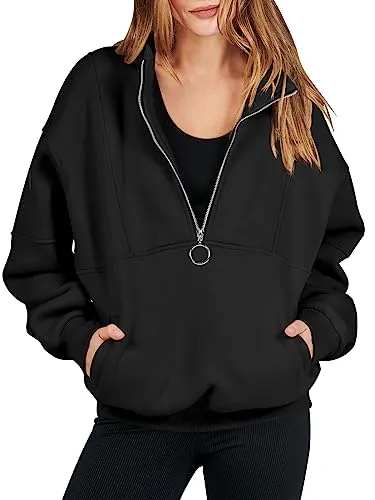 ANRABESS Womens Oversized Half Zip Pullover Sweatshirts Fleece Jackets Quarter Zip Sweaters Hoodies Fall Clothes Outfits Tops 1095heise-L Black