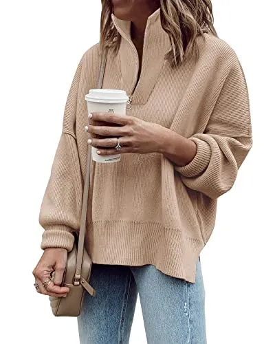 Imily Bela Womens Tunic Sweater Fall Long Sleeve 1/4 Zip Pullover Sweaters Oversized Slouchy Ribbed Knit Sweatshirt with Slit Khaki, XX-Large