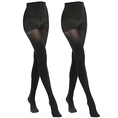 MANZI 2 Pairs Women's Opaque Control Top Tights Comfort Stretch 70 Denier Pantyhose Black Large